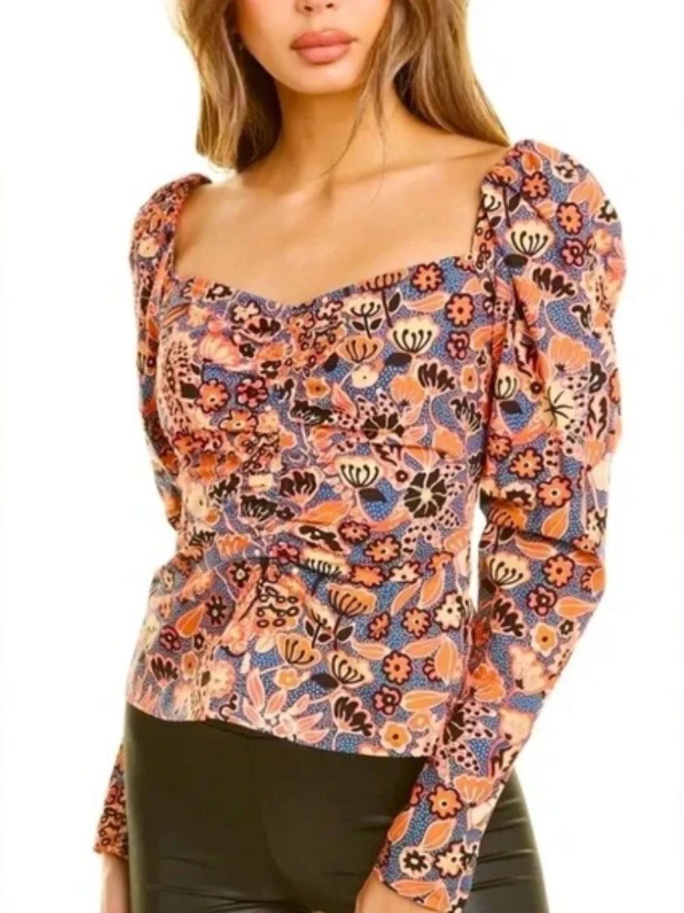 A.L.C. Printed Square-Neck Puff Sleeve Top in Orange and Blue